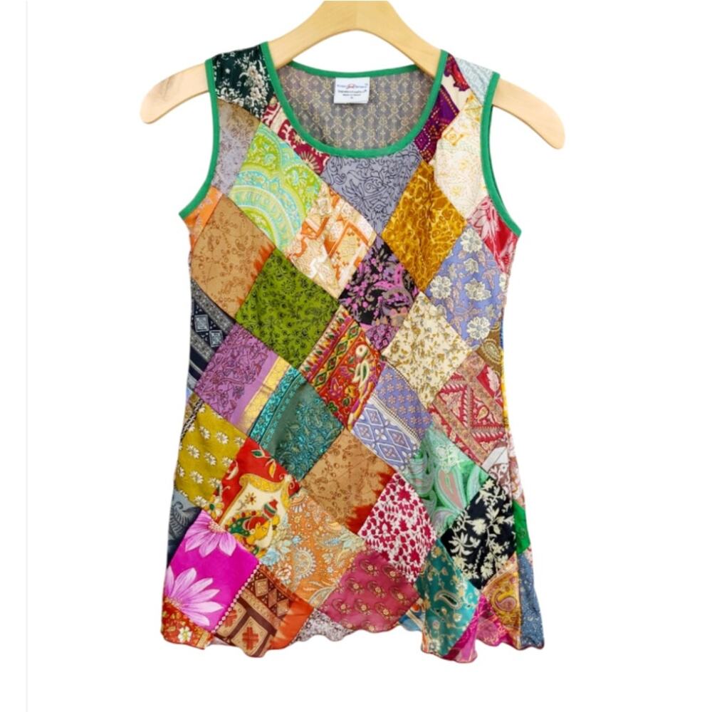 Greater Good Network Silk Patchwork Tank Top Sz S Boho Summer Festival Multi EUC